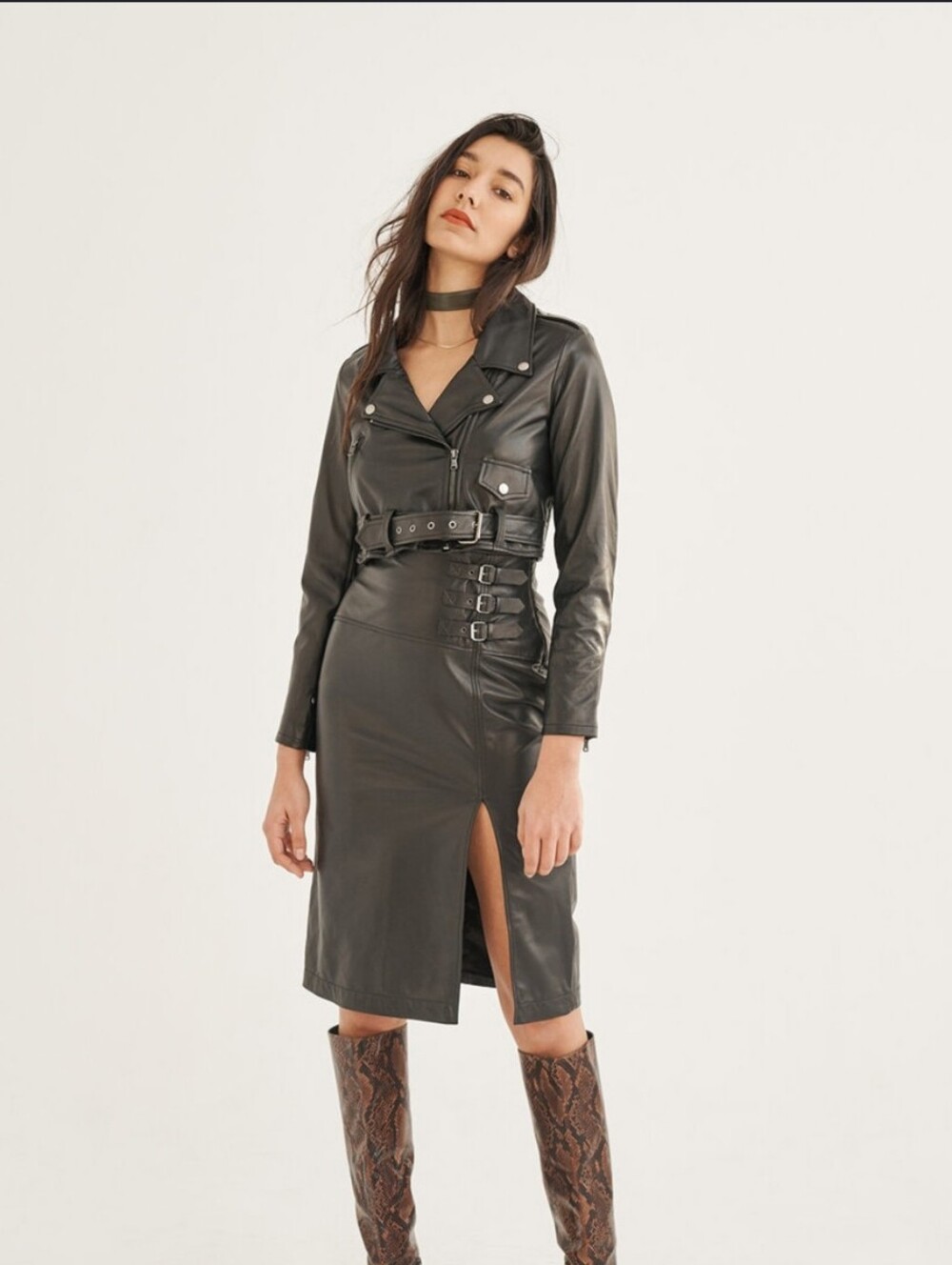 River Island Black Vegan Leather Pencil Skirt with Silver Buckles Goth Grunge
